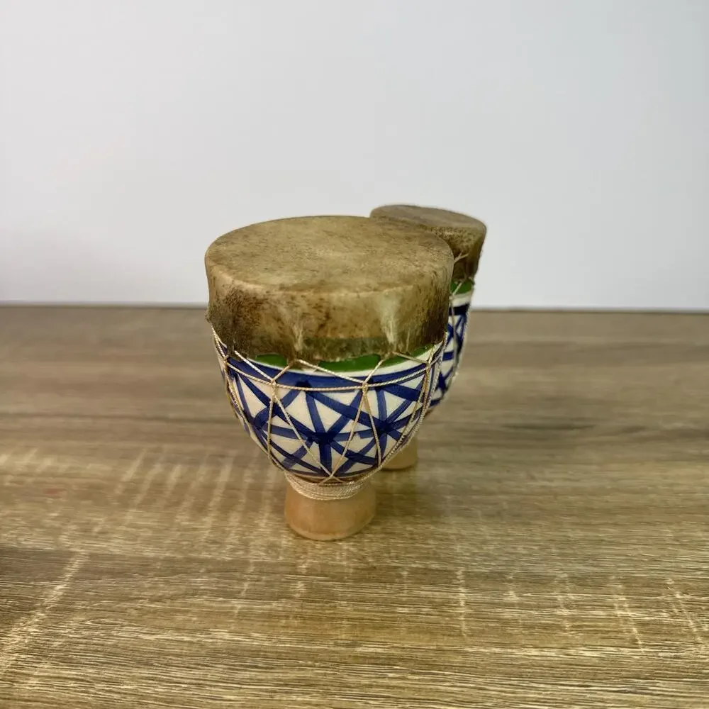 Vintage Hand-Painted Moroccan Tam-Tam Drums – Double Bongos Folk Art Miniature